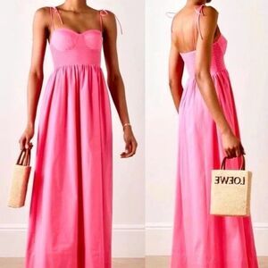 STAUD Landry Shoulder-Tie Smocked Maxi Dress L Wedding Guest Picnic Romantic